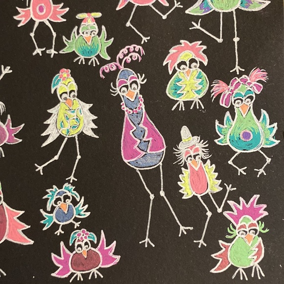 Unframed Original Art in Gel Pen on Black Paper Flocking Strange Birds - Picture 8 of 9